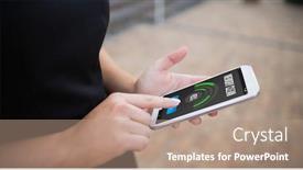  Presentation with memory - Cool new presentation with mobile display with memory cleaner against businesswoman using mobile phone backdrop and a coral colored foreground