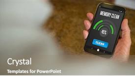  Presentation with man holding phone - Audience pleasing PPT theme consisting of mobile display with memory cleaner backdrop and a  colored foreground