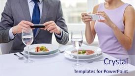  Presentation with food technology - Amazing slide set having mobile first - people leisure eating and technology backdrop and a sky blue colored foreground