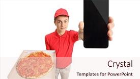  Presentation with delivery boy - PPT theme with mobile food - teenage pizza delivery boy showing background and a sky blue colored foreground