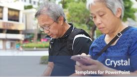  Presentation with senior asian - Slide deck enhanced with mobile games - asian senior couple use background and a ocean colored foreground
