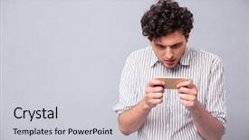  Presentation with special education young adult man - Presentation design enhanced with mobile games - handsome young man using smartphone background and a light gray colored foreground