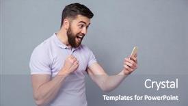  Presentation with smartphone - Audience pleasing slide set consisting of mobile games - portrait of a cheerful man backdrop and a gray colored foreground