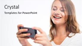  Presentation with mobile games - Audience pleasing presentation consisting of mobile games - smiling young woman using smartphone backdrop and a sky blue colored foreground