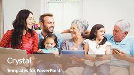  Presentation with family - Amazing PPT theme having mobile generations - family smiling while holding technologies backdrop and a coral colored foreground