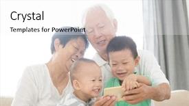  Presentation with smart home - PPT theme having mobile generations - portrait of happy asian grandparents background and a white colored foreground