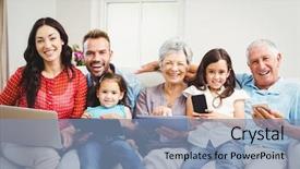  Presentation with mobile home - Colorful PPT layouts enhanced with mobile generations - portrait of happy family holding backdrop and a seafoam green colored foreground