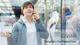  Presentation with speaking - Beautiful slides featuring mobile-guy-speaking-by-smartphone backdrop and a light blue colored foreground