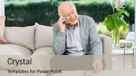  Presentation with mobile health - Beautiful slides featuring mobile health - happy senior man answering smartphone backdrop and a soft green colored foreground