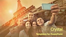  Presentation with world travel - Theme having mobile history - self of group friends background and a tawny brown colored foreground