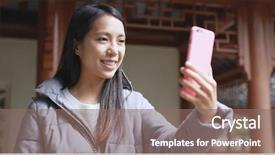  Presentation with live video streaming - Presentation theme enhanced with mobile history - woman making live stream background and a violet colored foreground