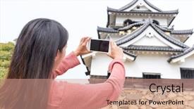  Presentation with photo album of journey honeymoon - Colorful slide deck enhanced with mobile history - woman taking photo on hikone backdrop and a coral colored foreground