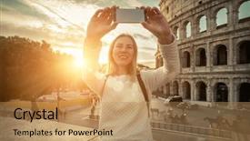  Presentation with woman world - Colorful slides enhanced with mobile history - woman tourist selfie with phone backdrop and a  colored foreground