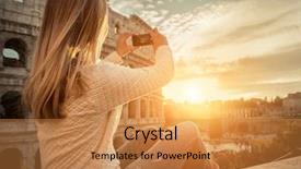  Presentation with world history - Theme enhanced with mobile history - woman tourist selfie with phone background and a gold colored foreground