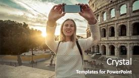  Presentation with woman world - Slide set enhanced with mobile history - woman tourist selfie with phone background and a  colored foreground
