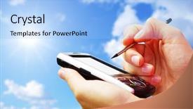  Presentation with communicator - Beautiful slides featuring mobile internet - hands with communicator backdrop and a  colored foreground