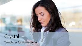  Presentation with rideshare taxi app on smartphone - PPT theme enhanced with mobile iphone - businesswoman sending message with smartphone background and a light blue colored foreground