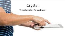  Presentation with computer - Beautiful presentation design featuring mobile learning - man hand touching on tablet backdrop and a  colored foreground