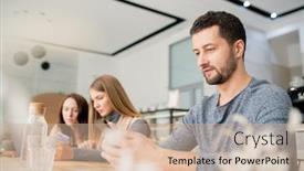  Presentation with gadget - Presentation theme with mobile man with smartphone texting or scrolling in gadget while relaxing in cafe at leisure with two girls on background background and a soft green colored foreground