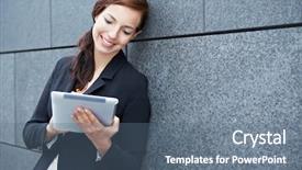  Presentation with teachers working around a table - PPT theme with mobile media - business woman working background and a ocean colored foreground