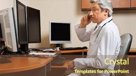  Presentation with front desk - Beautiful presentation featuring mobile medical technology - mature male doctor attending phone backdrop and a tawny brown colored foreground