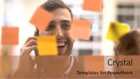  Presentation with meeting - Cool new presentation with mobile meeting with sticky note backdrop and a coral colored foreground