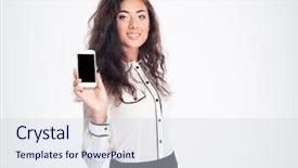  Presentation with blank - PPT theme consisting of mobile monitor - happy beautiful businesswoman showing blank background and a sky blue colored foreground