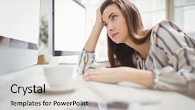  Presentation with computer misuse act - Theme having mobile monitor - tired businesswoman looking at computer background and a  colored foreground