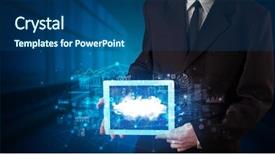  Presentation with cloud technology - Slide set featuring mobile operating system - hand holding tablet with cloud background and a  colored foreground