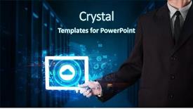  Presentation with cloud technology - PPT layouts with mobile operating system - hand holding tablet with cloud background and a navy blue colored foreground