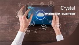  Presentation with mobile computing - Audience pleasing slides consisting of mobile operating system - hand touching tablet with cloud backdrop and a tawny brown colored foreground