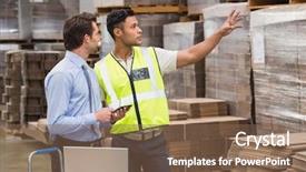  Presentation with data warehouse cubes - Presentation theme having mobile operator - warehouse worker showing something background and a violet colored foreground