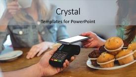  Presentation with technology - Audience pleasing theme consisting of mobile payment - female customer paying through technology backdrop and a light gray colored foreground