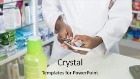  Presentation with pharmacist - Beautiful PPT layouts featuring mobile payment - female pharmacist using smartphone credit backdrop and a soft green colored foreground