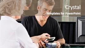  Presentation with payment - Presentation design featuring mobile payment - hairdresser with female client paying background and a coral colored foreground