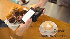  Presentation with cafe - Beautiful theme featuring mobile payment - high angle view of customer backdrop and a gold colored foreground