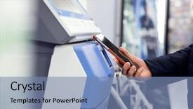  Presentation with connecting - Amazing slides having mobile payment - woman connecting cellphone and ticketing backdrop and a seafoam green colored foreground