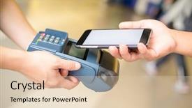  Presentation with nfc technology - Cool new presentation theme with mobile payment - woman pay on pos machine backdrop and a lemonade colored foreground