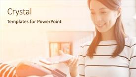  Presentation with nfc - Beautiful PPT theme featuring mobile payment - woman pay with cellphone backdrop and a cream colored foreground