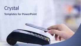  Presentation with nfc technology - Colorful slide deck enhanced with mobile payment - woman paying bill through smartphone backdrop and a sky blue colored foreground