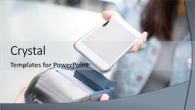  Presentation with nfc technology - Amazing PPT theme having mobile payment - woman paying with nfc technology backdrop and a lemonade colored foreground