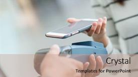  Presentation with pay - Presentation theme having mobile payment - woman using cellphone to pay background and a coral colored foreground