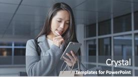  Presentation with mobile phone in woman hand - Audience pleasing slides consisting of mobile phone and holding paper backdrop and a dark gray colored foreground
