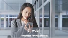 Presentation with mobile phone in woman hand - PPT theme with mobile phone and holding paper background and a gray colored foreground