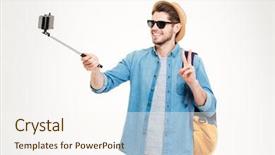  Presentation with backpack - Audience pleasing PPT layouts consisting of mobile phone and selfie stick backdrop and a sky blue colored foreground