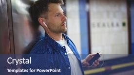  Presentation with listening - PPT theme having mobile phone at railway platform background and a ocean colored foreground