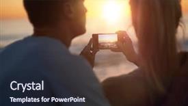  Presentation with golden light - Amazing PPT theme having mobile phone beautiful seaside scenary backdrop and a wine colored foreground
