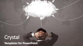  Presentation with transfer - Slide set enhanced with mobile phone comunication data server - young man looking at cloud background and a dark gray colored foreground