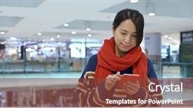  Presentation with mobile phone in woman hand - Beautiful slide set featuring mobile phone for check discount backdrop and a tawny brown colored foreground