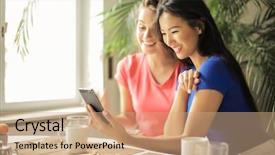  Presentation with smartphone - Audience pleasing PPT theme consisting of mobile phone health - girls chatting while using backdrop and a coral colored foreground